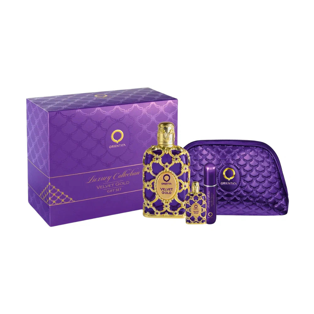 SET ORIENTICA VELVET GOLD LUXURY COLLECTION EDP 80ML,MINI EDP 7.5ML,ATOMIZADOR,BOLSA DE REGALO (M)