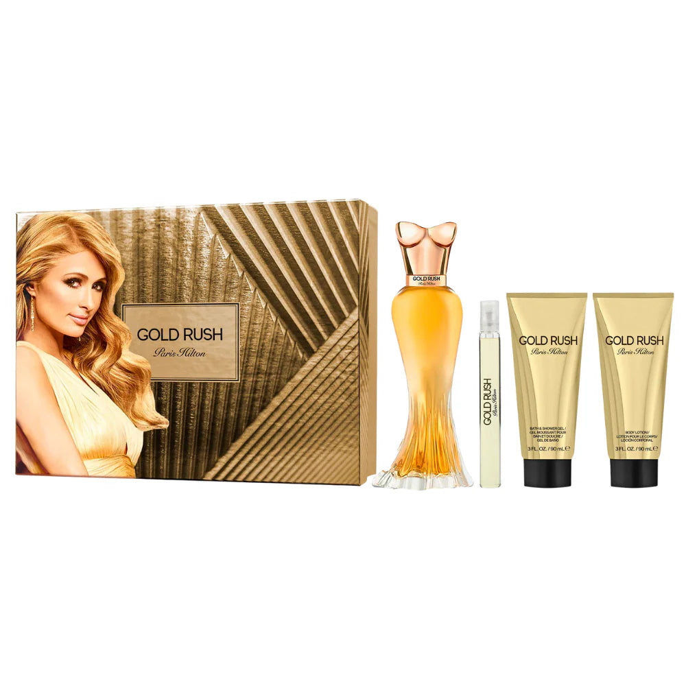 SET PARIS HILTON GOLD RUSH EDP 100ML, EDP 10ML, SHOWER GEL 90ML, BODY LOTION 90ML